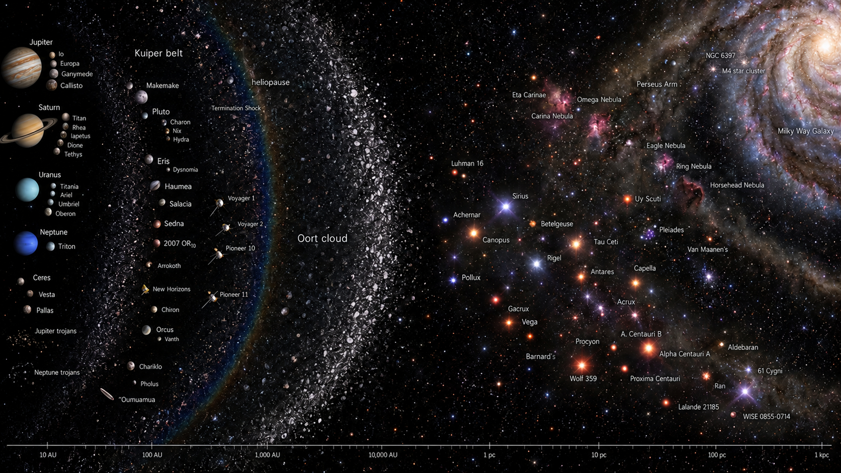Panorama artístico do Sistema Solar externo, Cinturão de Kuiper, sondas Voyager, Nuvem de Oort, estrelas e Via Láctea. Os doze pontos abrem explicações em português.